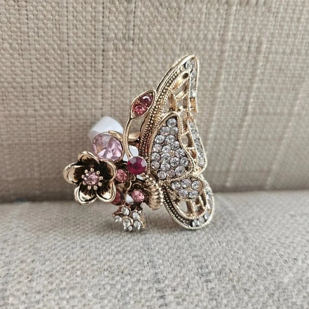 Fashion Ring Butterfly Shape Fancy Jewelry Ring Pink/Red Crystals Sz New Defect - Picture 2 of 12